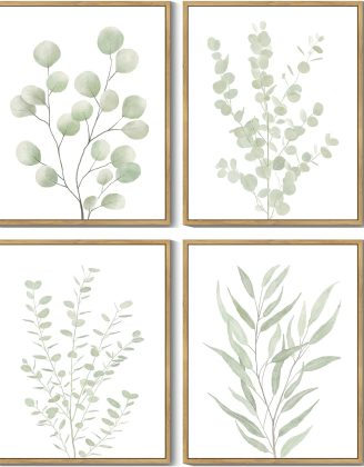 Drsoum Botanical Plant Framed Wall Art Boho Wall Decor for Bathroom Sage Green Eucalyptus Leaf Prints Minimalist Aesthetic Ready to Hang Set of 4, 8x10 in (Natural Framed)