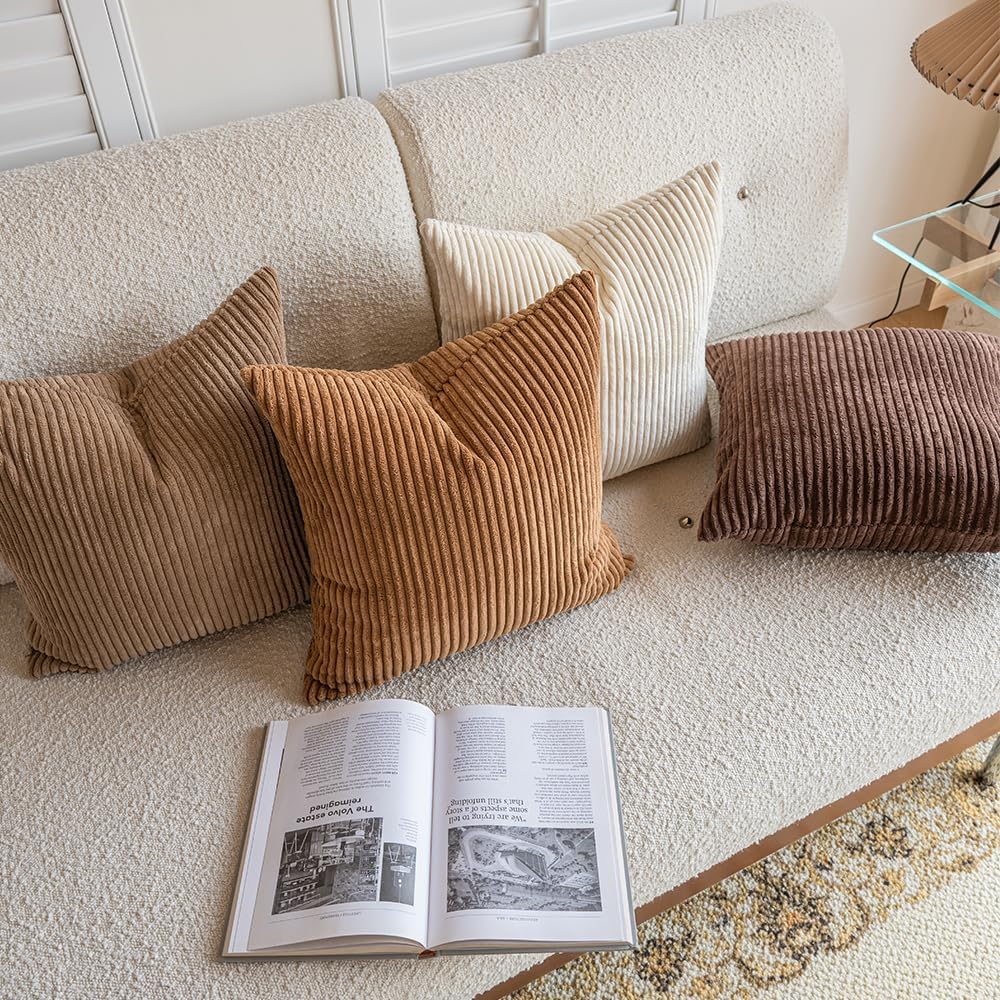 LANANAS Neutral Couch Throw Pillow Covers 18x18 Inch Set of 4 Decorative Farmhouse Boho Throw Pillows for Living Room, Couch, Bed, Sofa Soft Corduroy Accent Home Decor (Neutral Brown, 18x18 Inch) - Image 4