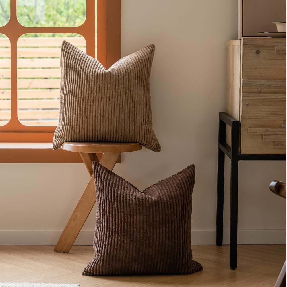 LANANAS Neutral Couch Throw Pillow Covers 18x18 Inch Set of 4 Decorative Farmhouse Boho Throw Pillows for Living Room, Couch, Bed, Sofa Soft Corduroy Accent Home Decor (Neutral Brown, 18x18 Inch) - Image 5